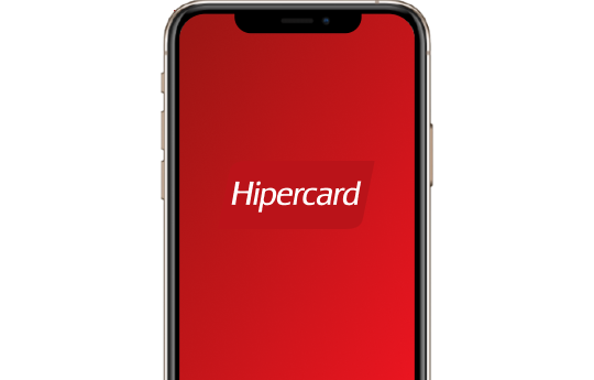 Ilustração da tela de um smartphone com Hipercard em letras brancas e fundo vermelho.