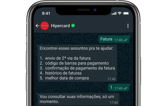 Ilustração da conversa com o canal de Hipercard pelo WhatsApp.